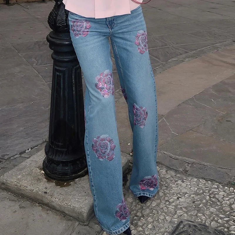 Retro Diamonds Patchwork Jeans Woman Fashion Long Trousers High Waist Flower Decor Pockets Female 2025 Spring Summer Lady Pants