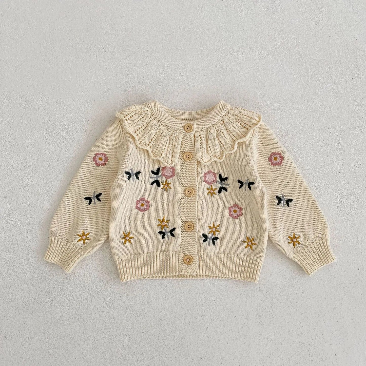 Baby knitwear embroidered flower coat girl baby sweater 100% cotton lace round neck spring baby cardigan