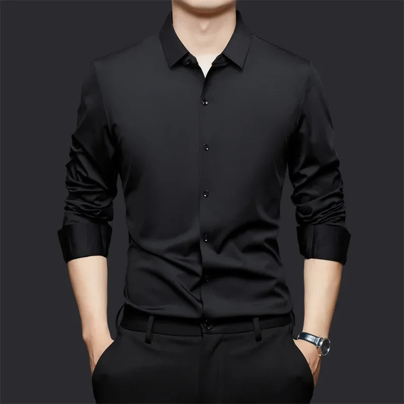 Spring and summer seamless high elasticity men's shirt long sleeved business casual wrinkle free shirt men's silky smooth shirt