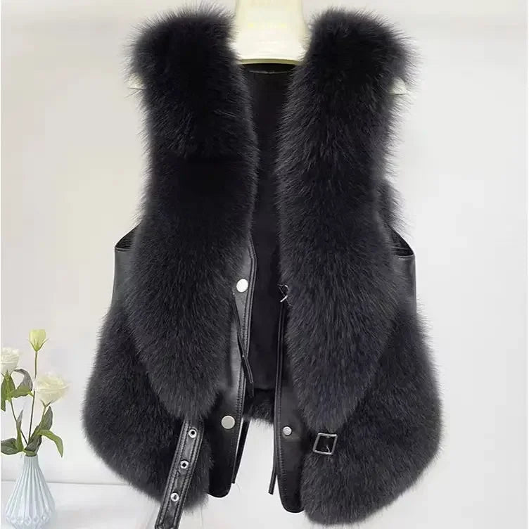 2025 Autumn Winter Women Vest Short Style Splicing Solid Color Fur Coat New
