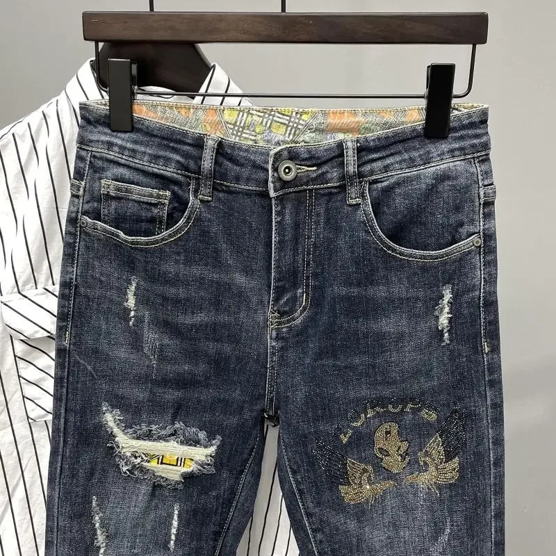 Tapered Jeans for Men Ripped Black Trousers with Holes Torn Man Cowboy Pants Broken Classic Clothes Y2k 2000s High Quality Kpop