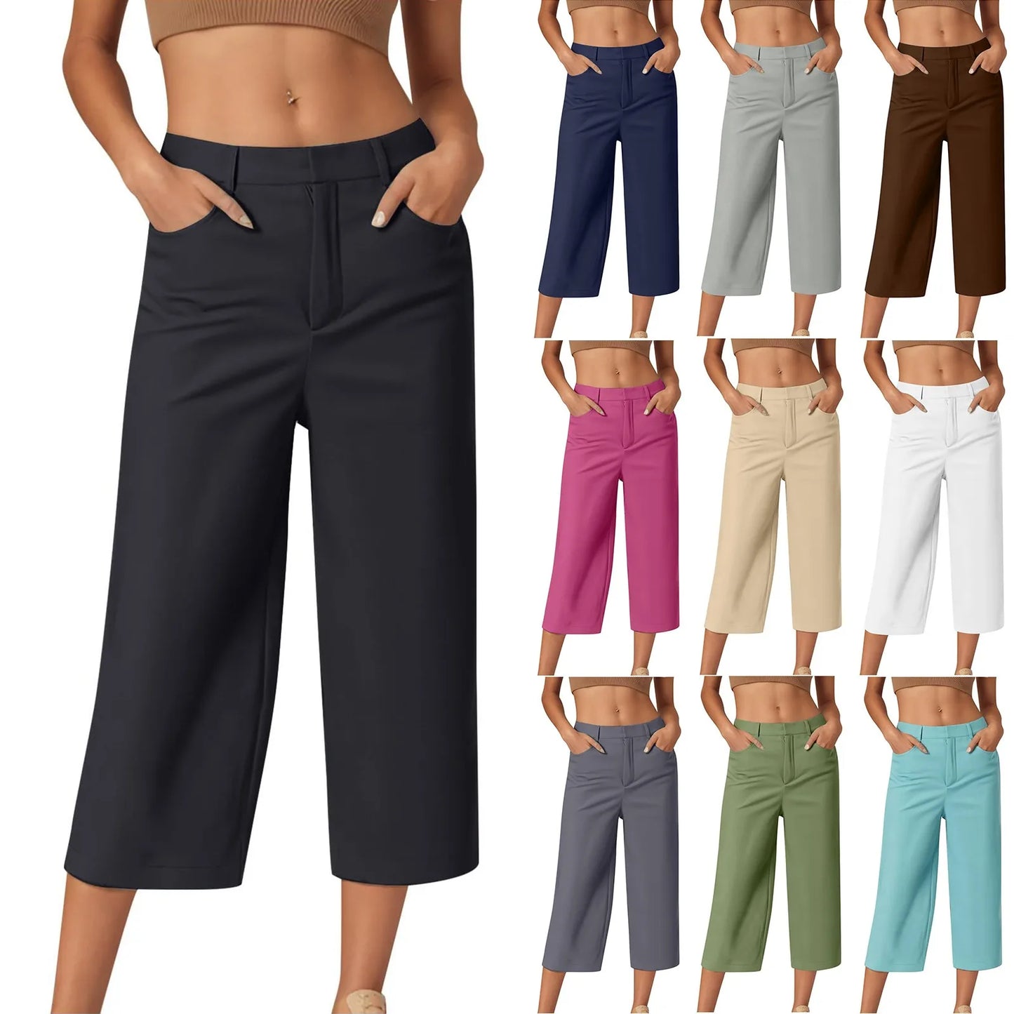 Casual capri-pants for women Straight Wide Leg pants Solid color versatile daily pants Ladies spring summer casual trousers
