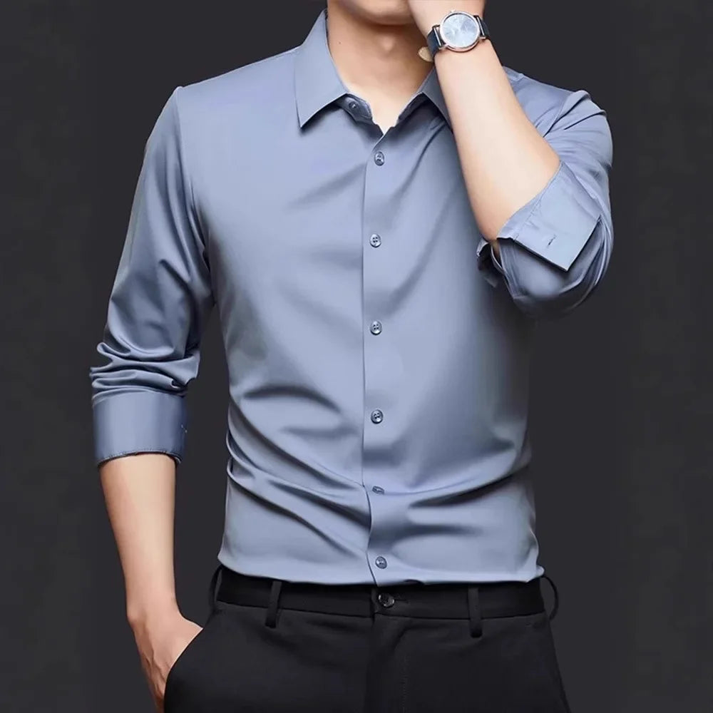 Spring and summer seamless high elasticity men's shirt long sleeved business casual wrinkle free shirt men's silky smooth shirt