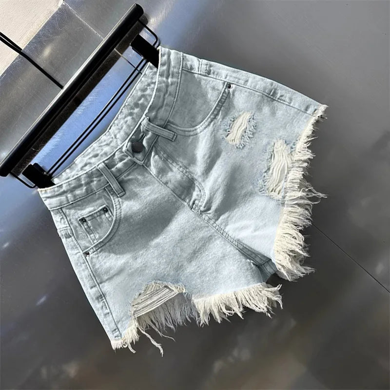retro irregular old ripped denim shorts women's summer low waist design jeans hot pants sky blue