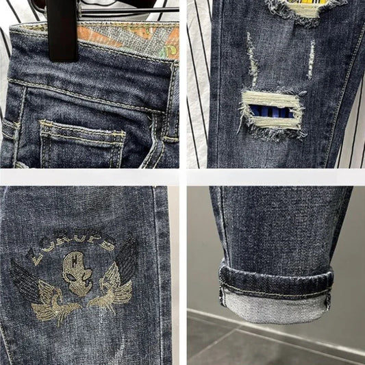 Tapered Jeans for Men Ripped Black Trousers with Holes Torn Man Cowboy Pants Broken Classic Clothes Y2k 2000s High Quality Kpop