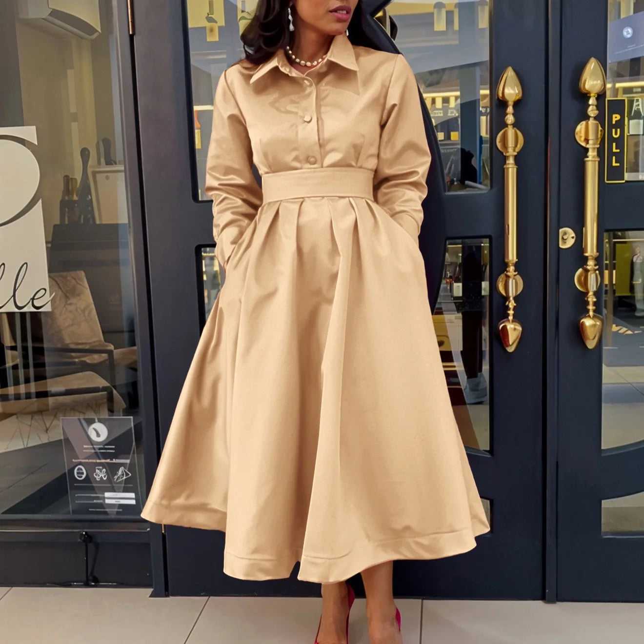 Elegant Party Dresses for Woman Turn Down Collar Single Breasted High Waisted Pleated Mid Calf Luxury Dinner Night Dress Gowns