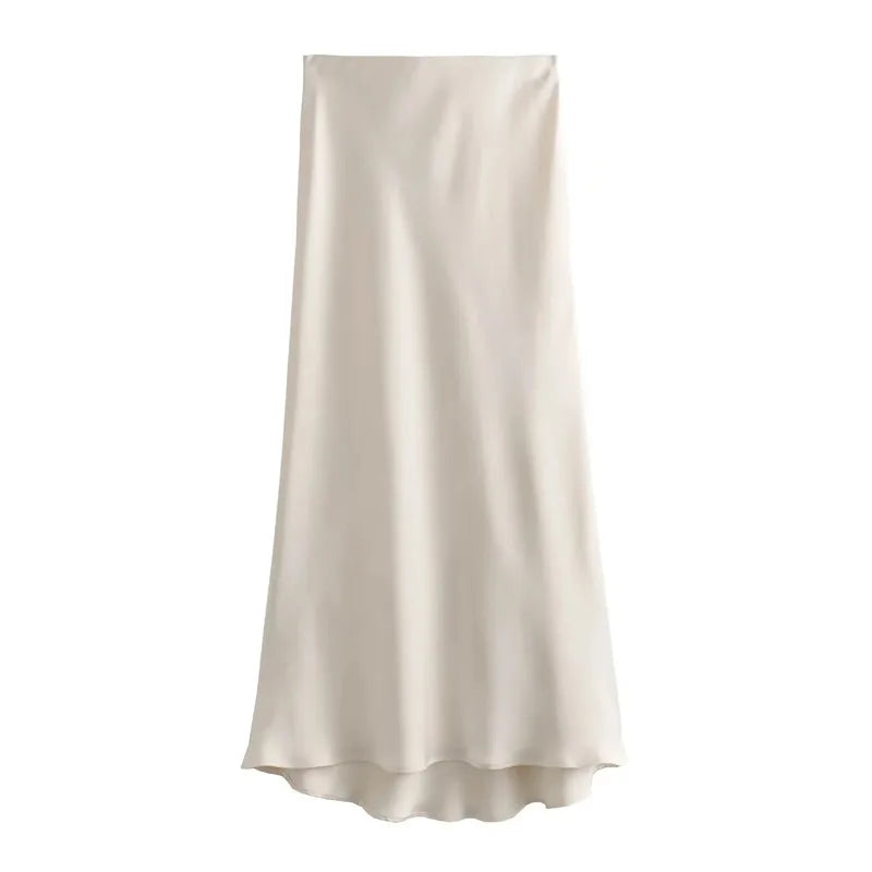 MUJER Satin Long Skirts for Women Draped High Waist Midi Skirt Woman Summer Straight Women's Skirt Holiday Beach Women Skirt