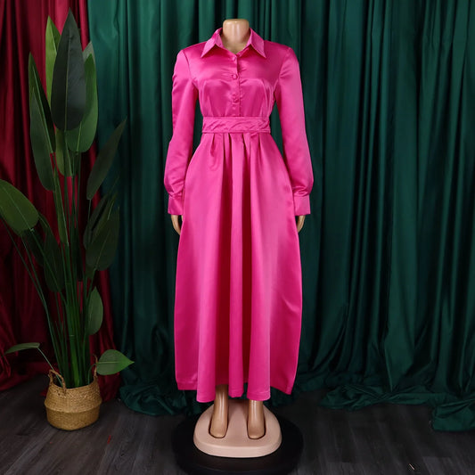 Elegant Party Dresses for Woman Turn Down Collar Single Breasted High Waisted Pleated Mid Calf Luxury Dinner Night Dress Gowns
