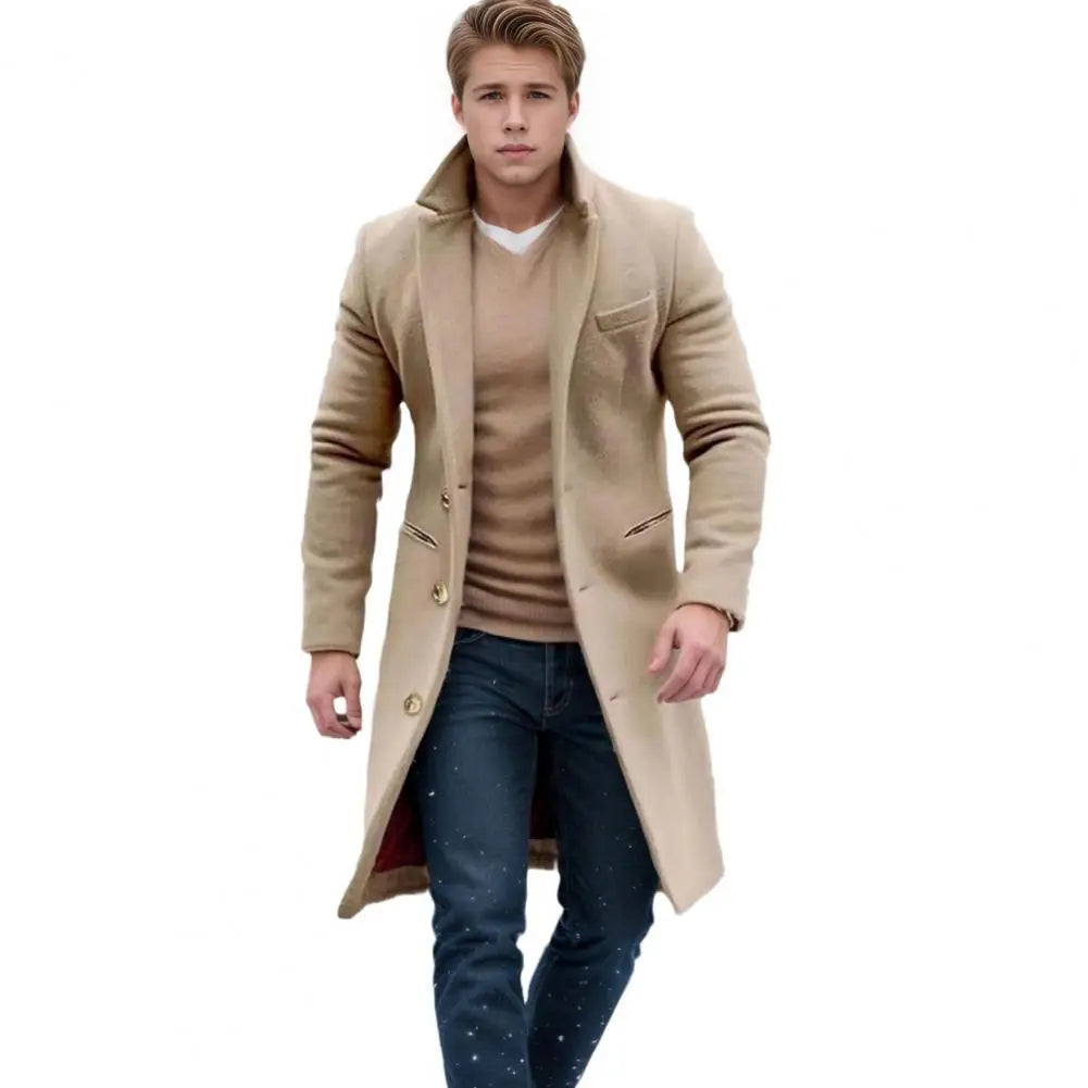 Woolen Coat Men Jacket Elegant Men's Woolen Coat with Lapel Pockets Single Breasted Long Sleeve Jacket Solid Color for Winter