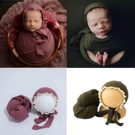 Baby Beanie Hat Boy Girl Lace Hat+Stretch Wrap Blanket Newborn Photography Props Cap