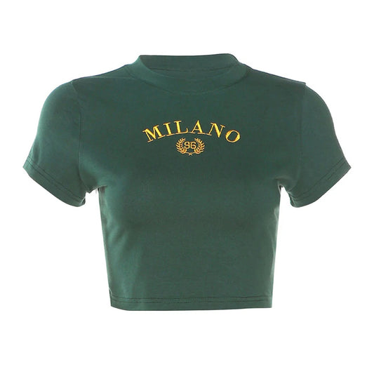 2024 New Women Cropped Top T-shirts Summer Fashion Embroidery Letter O-Neck Green Tees Slim Simple Basic Versatile Cropped Top