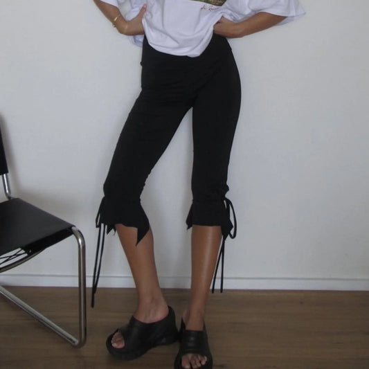 Women Capri Pants Solid Color Elastic Waist Tie-Up Summer Casual Cropped Pants Stretch Crop Leggings Y2K Vintage Streetwear