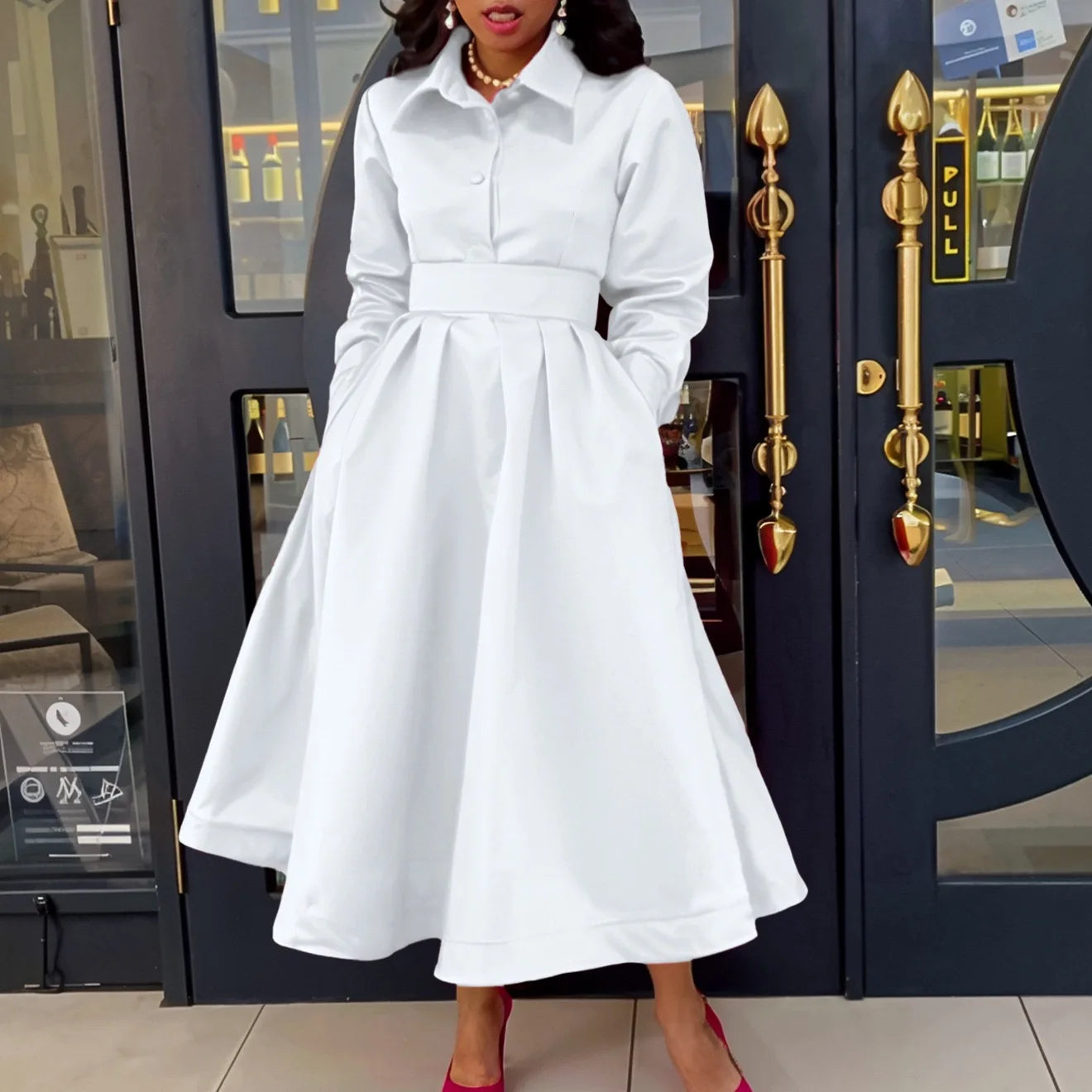 Elegant Party Dresses for Woman Turn Down Collar Single Breasted High Waisted Pleated Mid Calf Luxury Dinner Night Dress Gowns