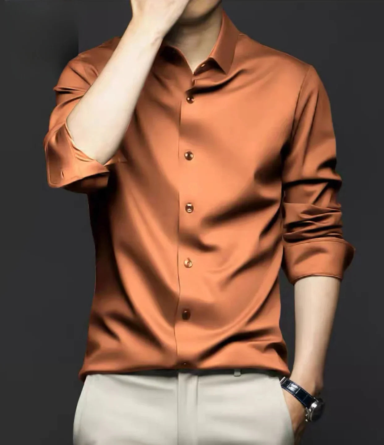 Spring and summer seamless high elasticity men's shirt long sleeved business casual wrinkle free shirt men's silky smooth shirt