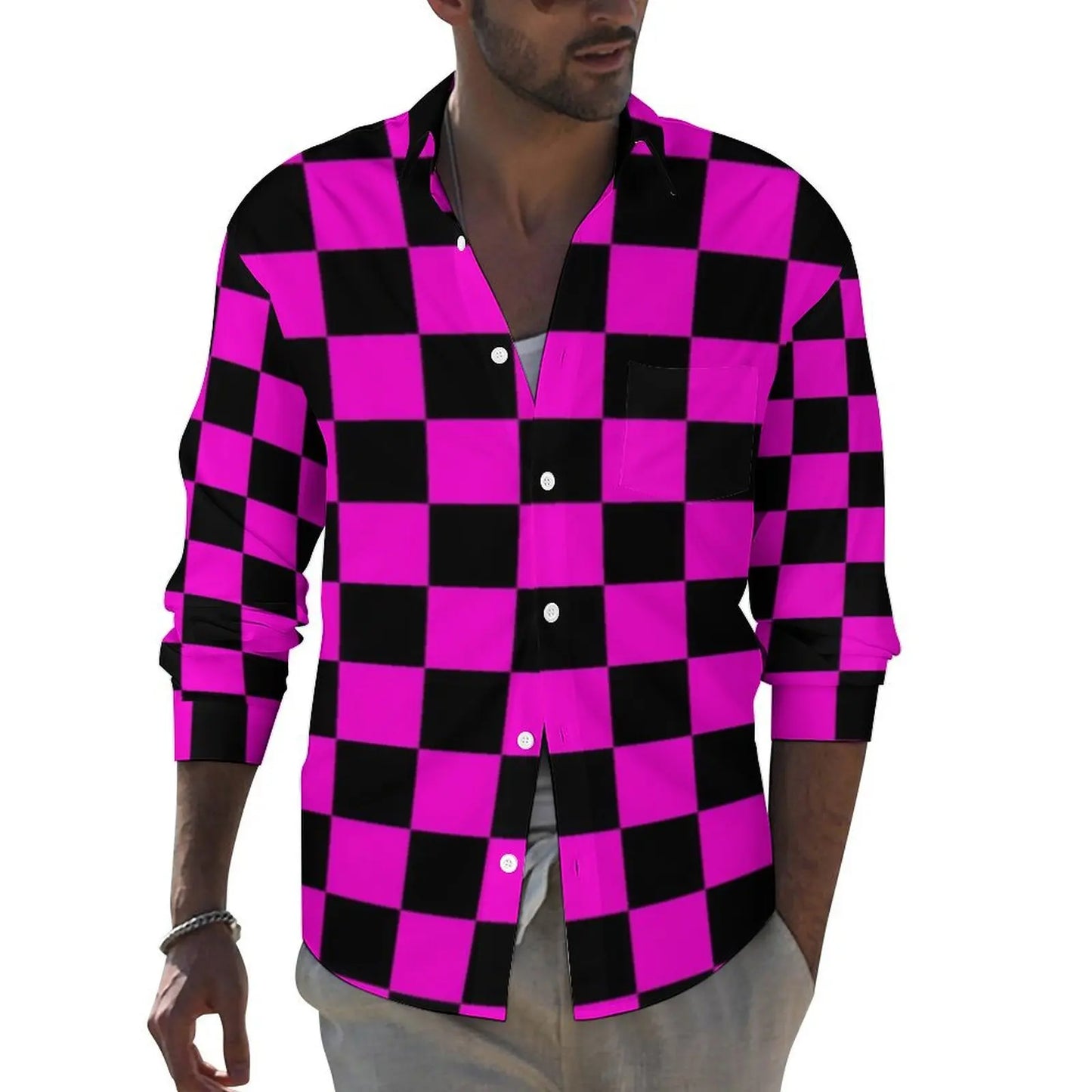 Black Checkerboard Shirt Men Classic Black and White Checker Casual Shirts Autumn Blouses Long Sleeve Fashion Oversized Clothing