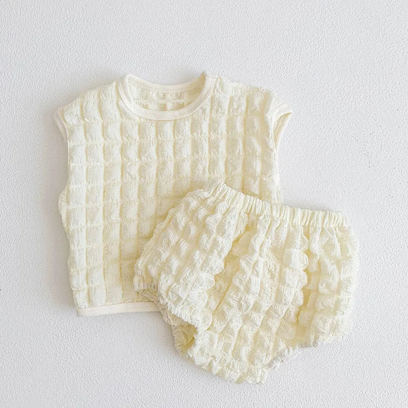 MILANCEL Summer Baby Clothing Set Sleeveless Tops Solid Blommer 2 Pcs Baby Suit