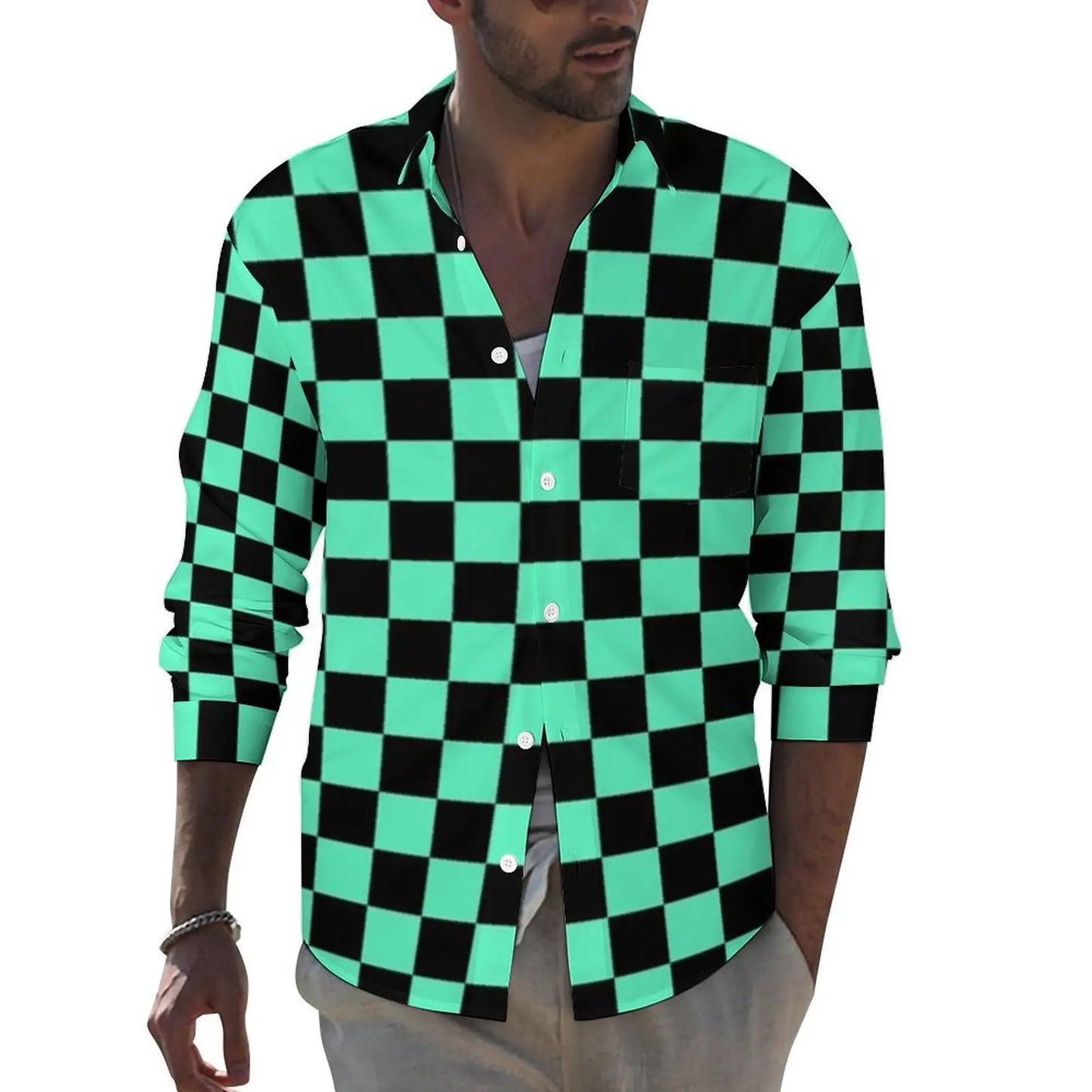 Black Checkerboard Shirt Men Classic Black and White Checker Casual Shirts Autumn Blouses Long Sleeve Fashion Oversized Clothing