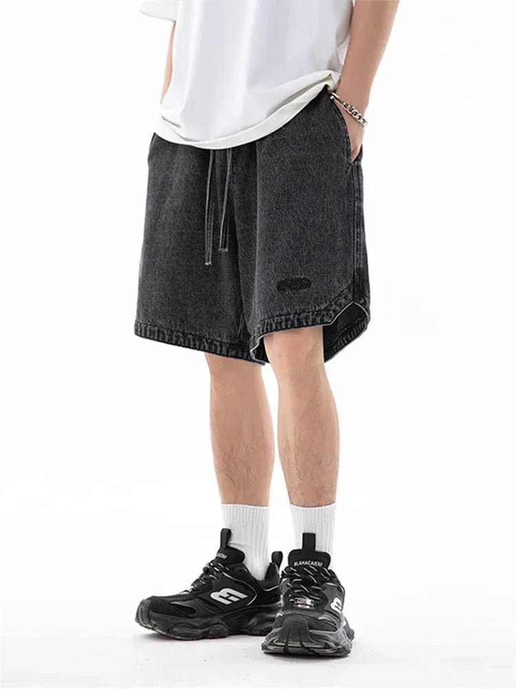 Summer Baggy Distressed Denim Pants For Men Basic Casual Streetwear Short Jeans Embroidery Hip Hop Fashion Y2K Bermuda Shorts