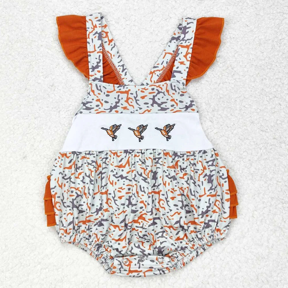 Boutique Infant Baby Girls Rompers Embroidery Camo Ducks Rompers Toddler Boys Rompers Sibling Girls Clothing Wholesale Jumpsuits