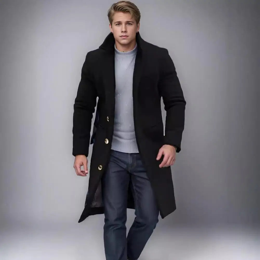 Woolen Coat Men Jacket Elegant Men's Woolen Coat with Lapel Pockets Single Breasted Long Sleeve Jacket Solid Color for Winter