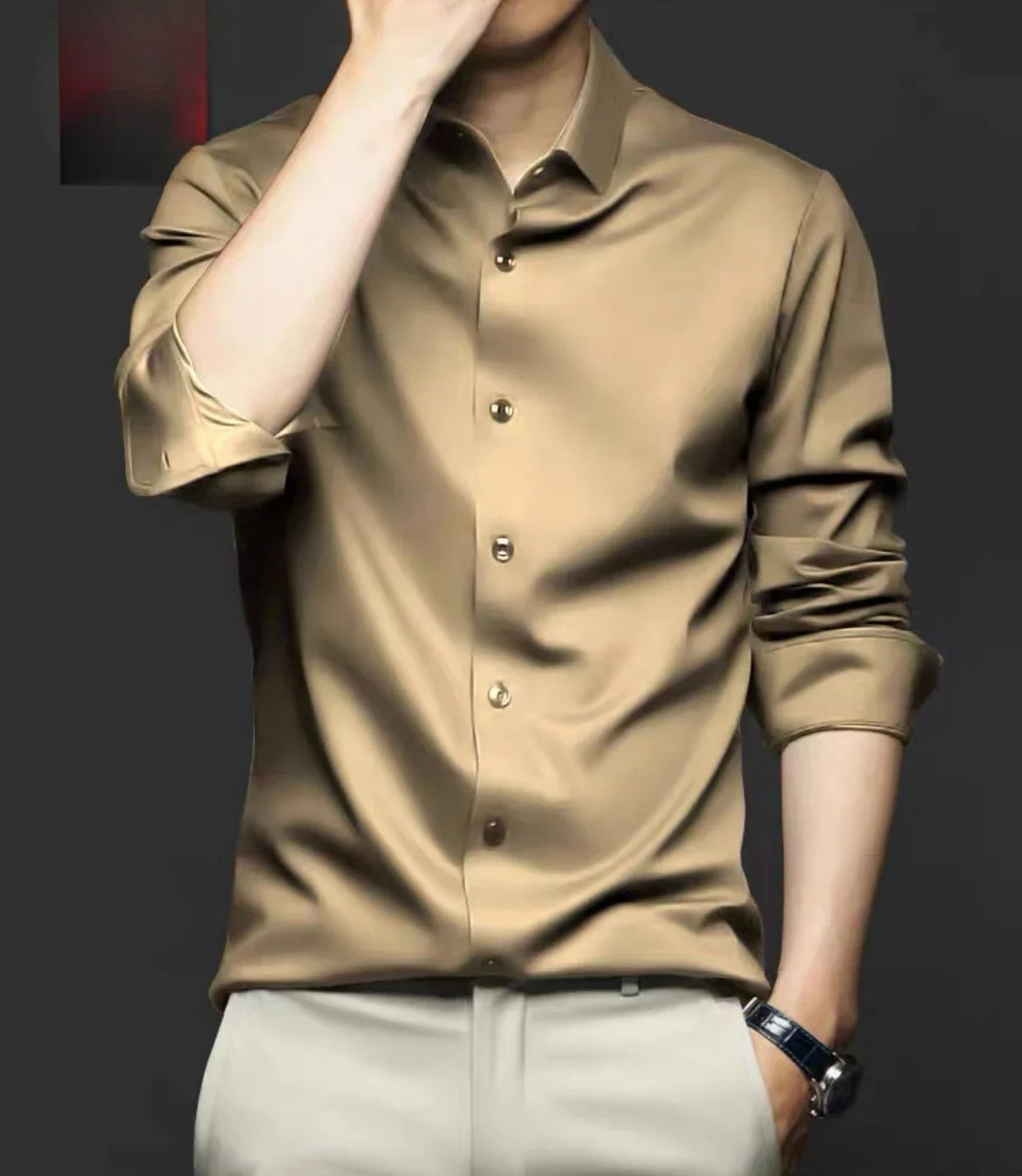 Spring and summer seamless high elasticity men's shirt long sleeved business casual wrinkle free shirt men's silky smooth shirt