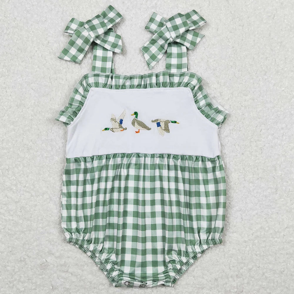 Boutique Infant Baby Girls Rompers Embroidery Camo Ducks Rompers Toddler Boys Rompers Sibling Girls Clothing Wholesale Jumpsuits