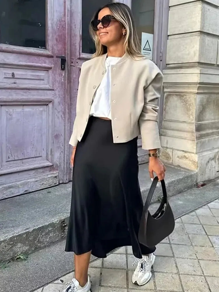 MUJER Satin Long Skirts for Women Draped High Waist Midi Skirt Woman Summer Straight Women's Skirt Holiday Beach Women Skirt