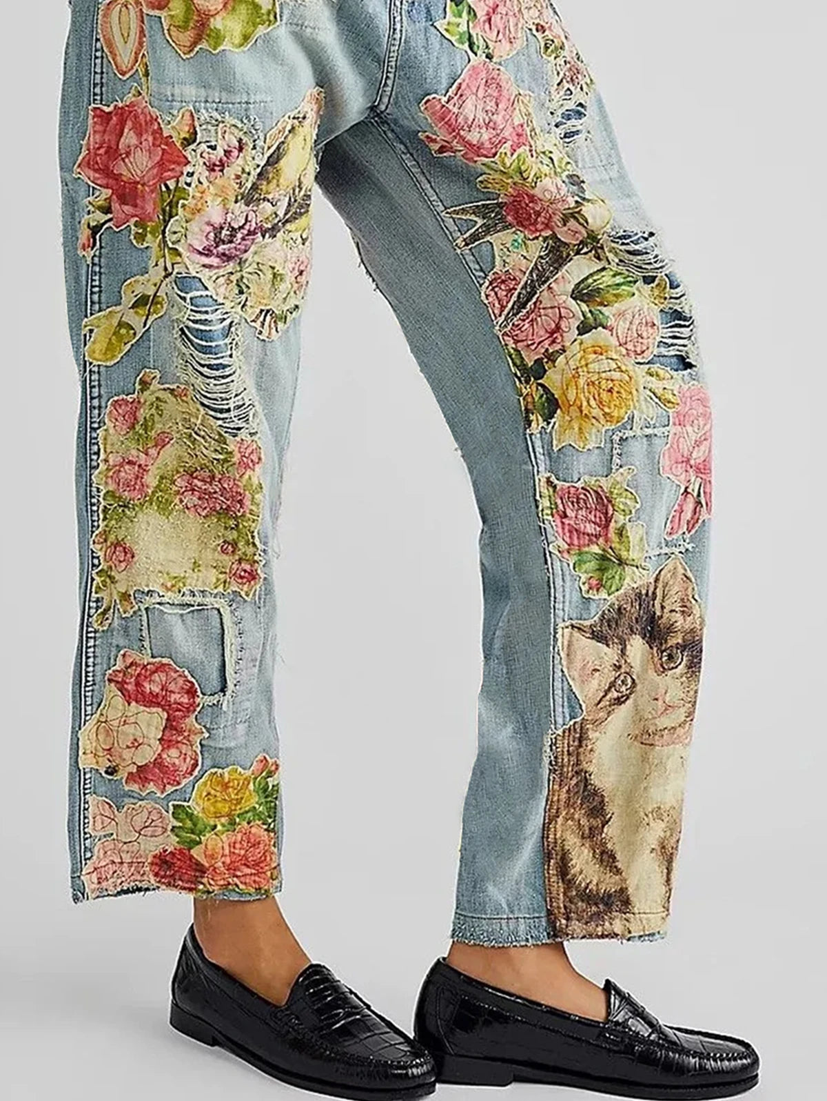 Elegant Women's Jeans Cat Printed Sexy Fashion Ripped Hollow High -Waisted Straight Straight Lady Jeans Trousers