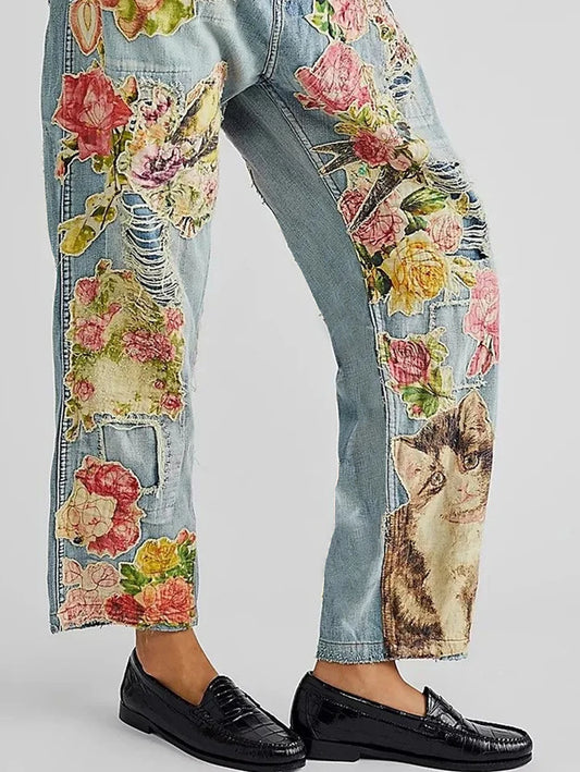 Elegant Women's Jeans Cat Printed Sexy Fashion Ripped Hollow High -Waisted Straight Straight Lady Jeans Trousers