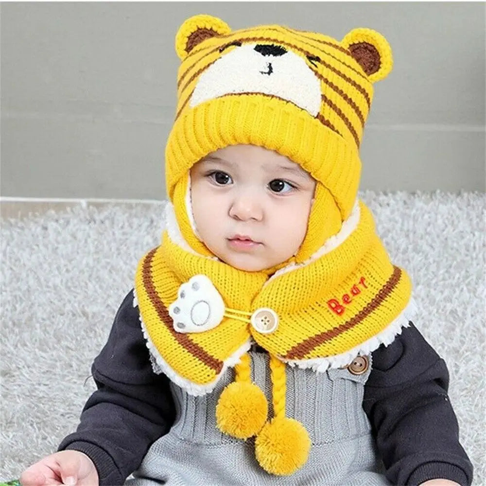 Warm Toddler Baby Winter Boys Girl Neck Scarf Baby Beanie Cap Kids Hat Scarf Set Bear Earmuff