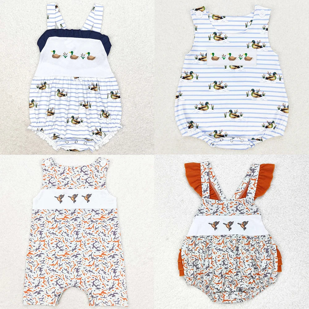Boutique Infant Baby Girls Rompers Embroidery Camo Ducks Rompers Toddler Boys Rompers Sibling Girls Clothing Wholesale Jumpsuits