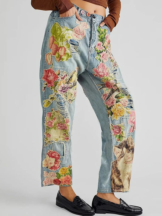 Elegant Women's Jeans Cat Printed Sexy Fashion Ripped Hollow High -Waisted Straight Straight Lady Jeans Trousers