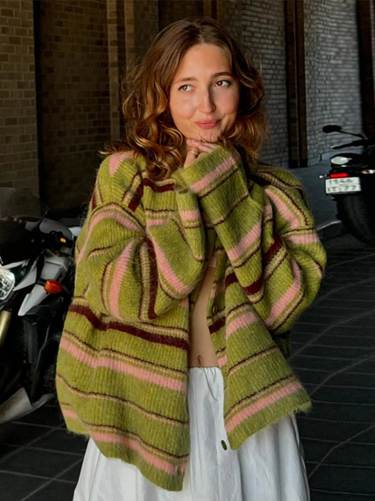 Elegant Stripe V Neck Women Sweater Single Breasted Loose Knitted Lady Cardigan 2024 Autumn Elegant Full Sleeve Female Coat