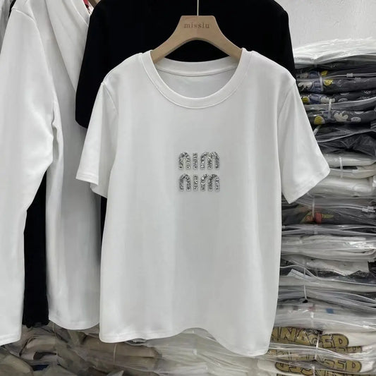 Women's Bead New Round Neck Heavy Industry Short Sleeve Summer T-shirt Fashion Casual Lady T-shirt