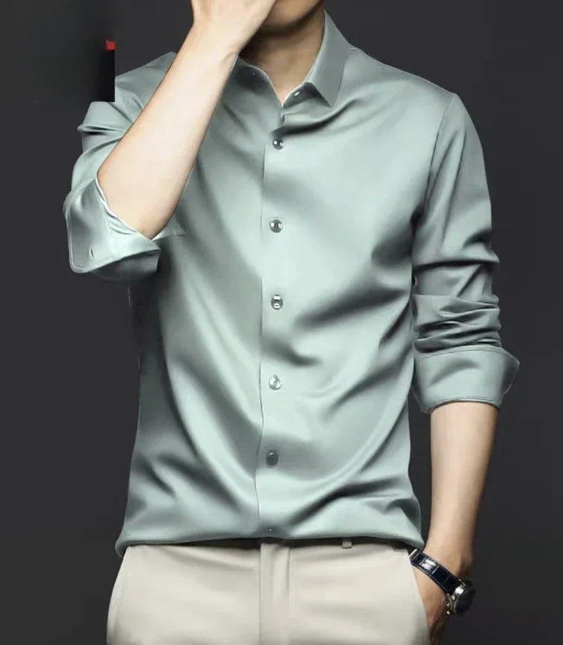 Spring and summer seamless high elasticity men's shirt long sleeved business casual wrinkle free shirt men's silky smooth shirt