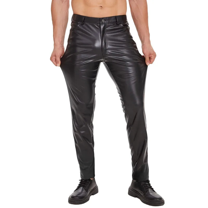 Black Matte Faux Leather Pant Men Slim Fit Pencil Pants Skinny PU Trousers Motorcycle Style Trousers Chic Straight Pant Leggings