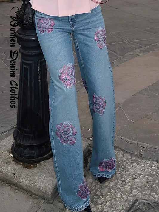 Retro Diamonds Patchwork Jeans Woman Fashion Long Trousers High Waist Flower Decor Pockets Female 2025 Spring Summer Lady Pants