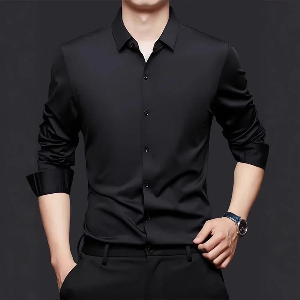 Spring and summer seamless high elasticity men's shirt long sleeved business casual wrinkle free shirt men's silky smooth shirt