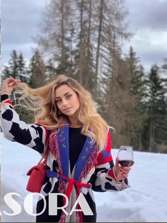 Hand-made cardigan jacquard cardigan fringed trims long sleeve cardigan women winter clothes women
