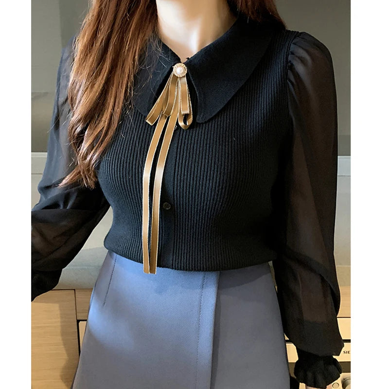 HELIAR Women Chiffon Patchwork Sweater Lantern Sleeve Turn-down Collar Pullover Office Lady Sweater For Women 2024 Autumn