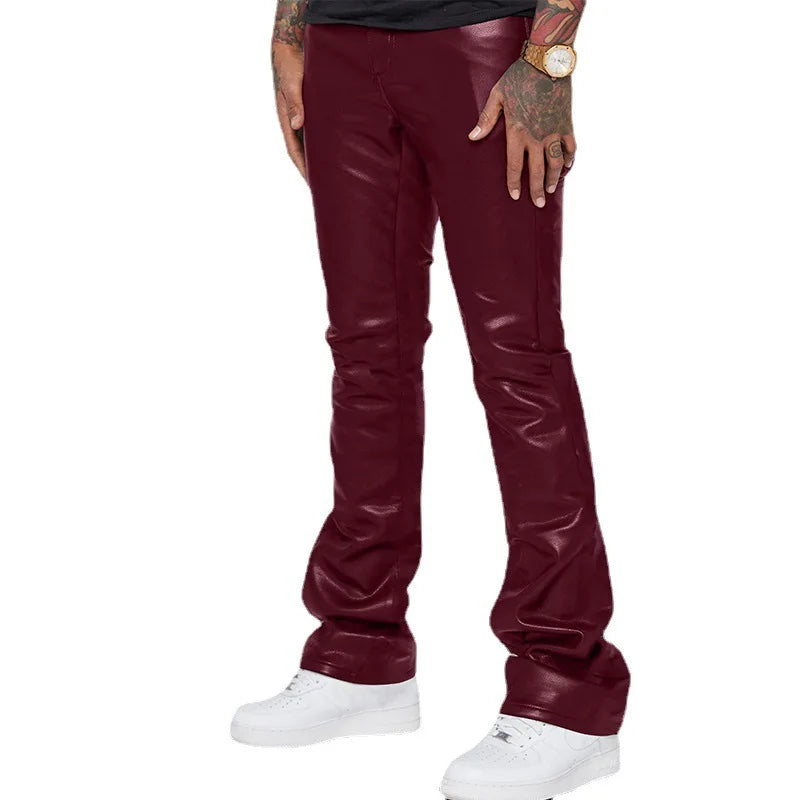 Leather Pants Men Long Pant Solid Mid Waist Casual Regular Pleated Splice Straight Trousers Button Pocket Autumn Winter