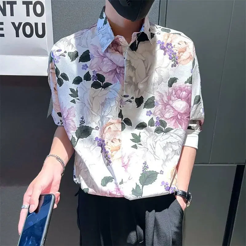 Men's Shirt Half Sleeve White Floral Print Button Up Cotton Sale Fashion 2025 Designer with Sleeves Man Normal Silk Male Shirts