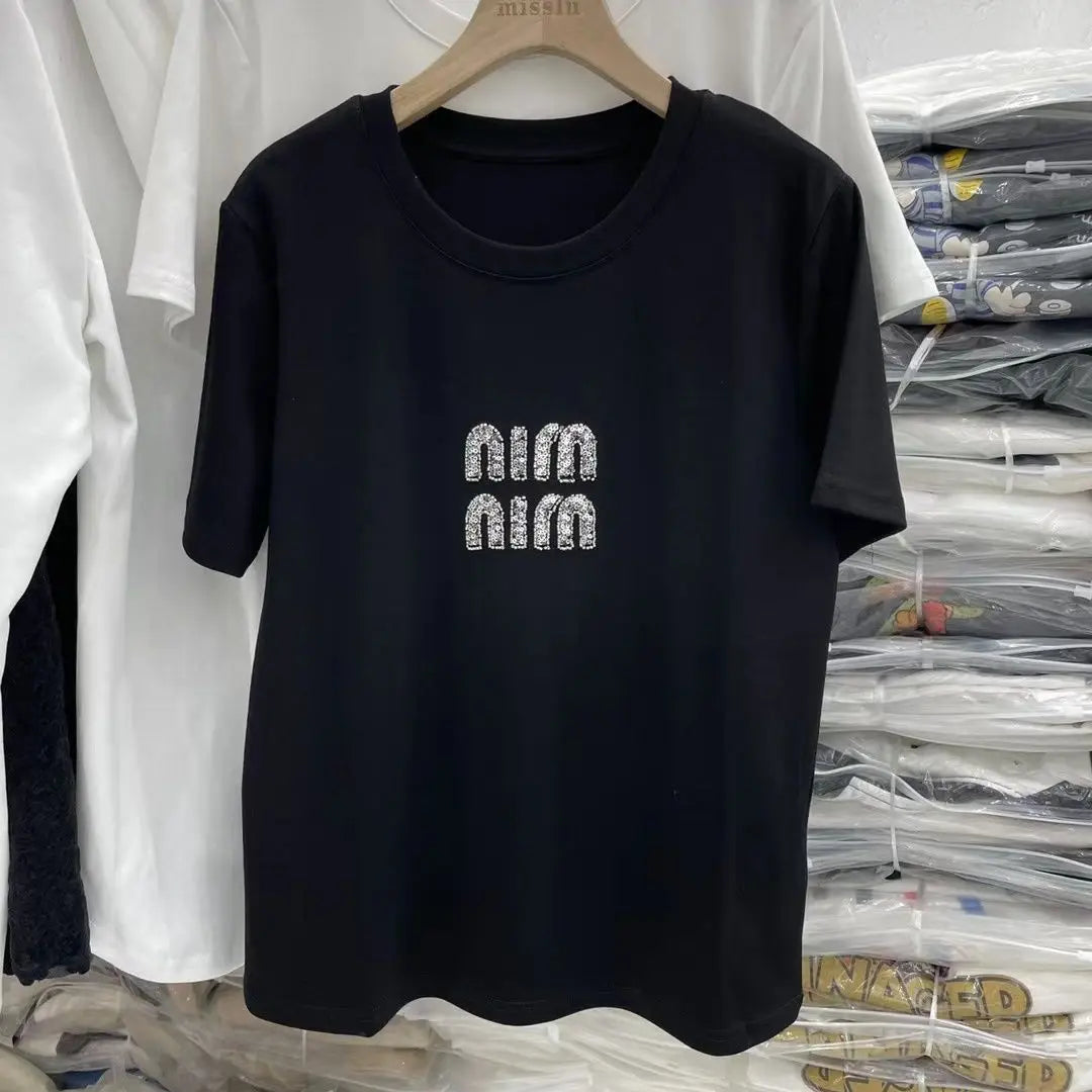 Women's Bead New Round Neck Heavy Industry Short Sleeve Summer T-shirt Fashion Casual Lady T-shirt