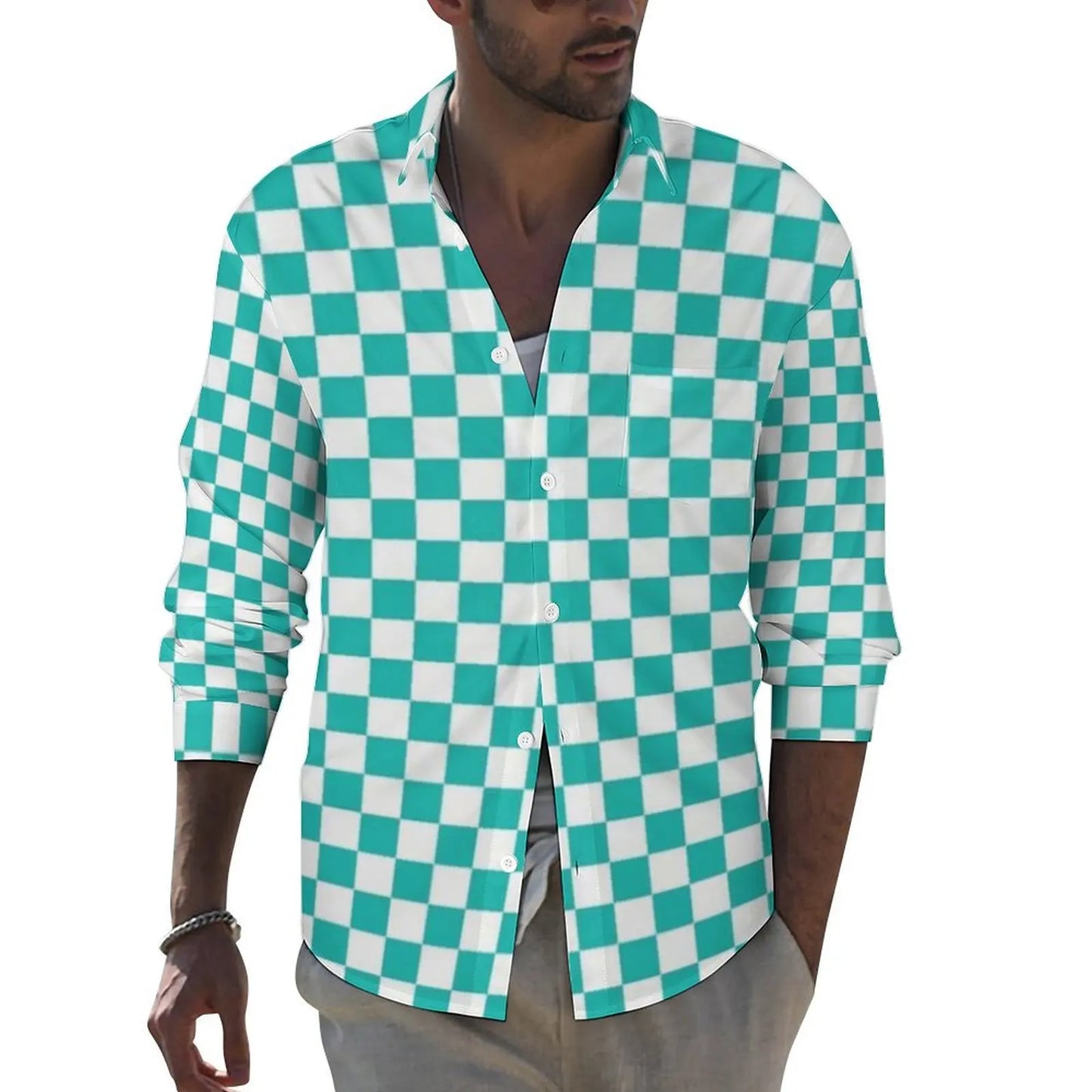 Black Checkerboard Shirt Men Classic Black and White Checker Casual Shirts Autumn Blouses Long Sleeve Fashion Oversized Clothing