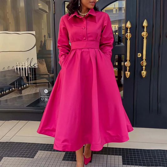 Elegant Party Dresses for Woman Turn Down Collar Single Breasted High Waisted Pleated Mid Calf Luxury Dinner Night Dress Gowns