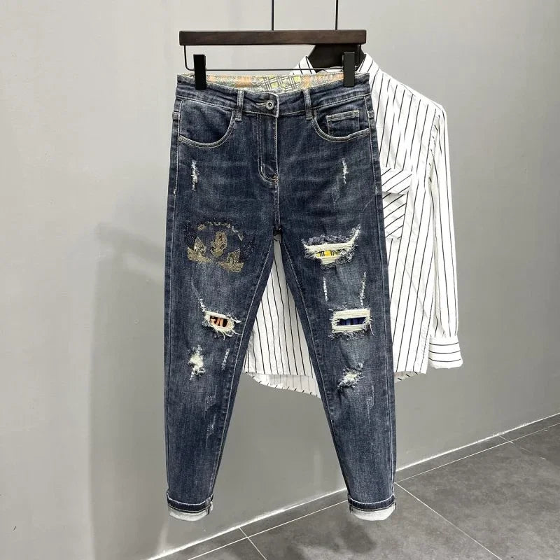 Tapered Jeans for Men Ripped Black Trousers with Holes Torn Man Cowboy Pants Broken Classic Clothes Y2k 2000s High Quality Kpop