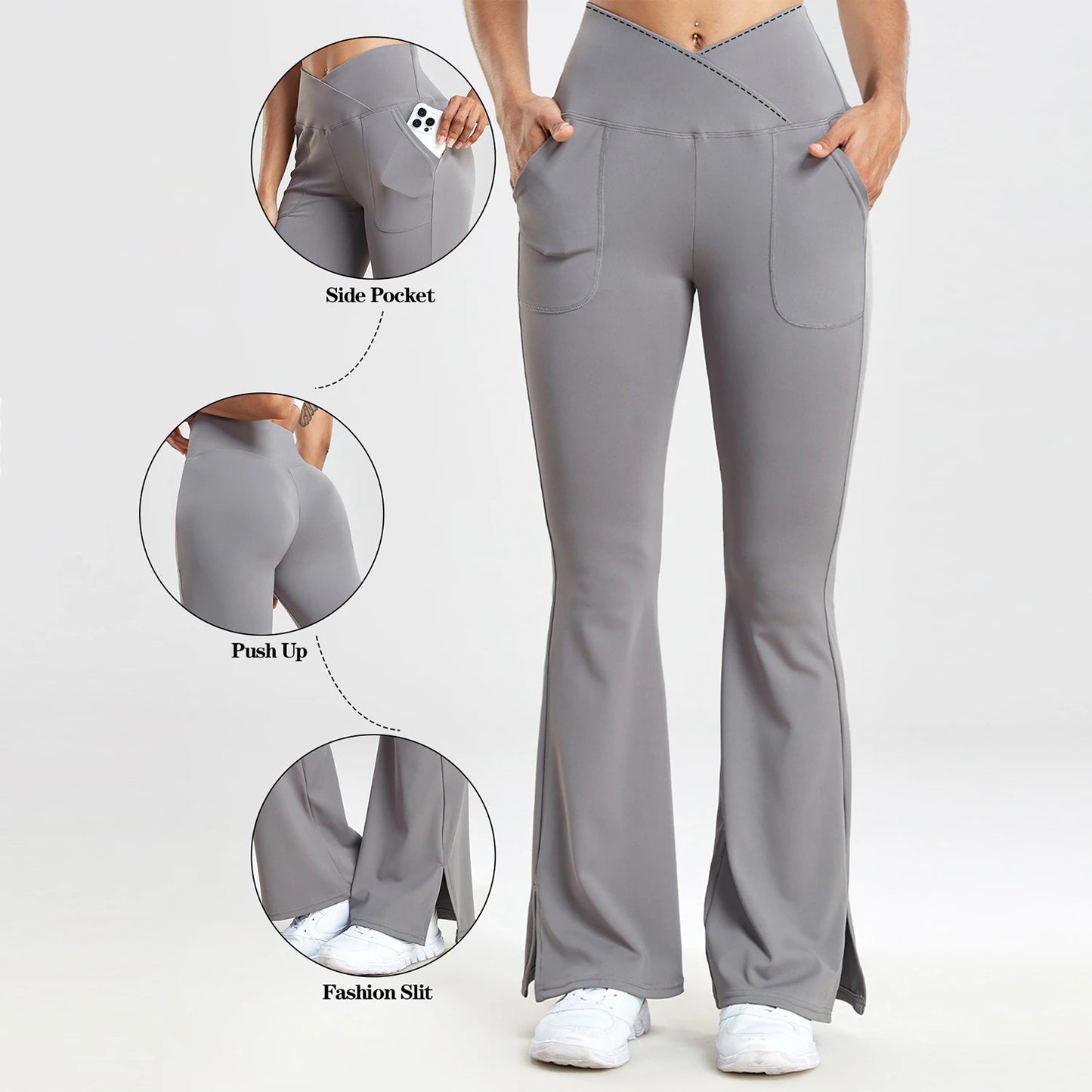 Women Casual Solid V-Waist Pocket Side Vent  Flared Leggings Slim Fit  Fashion Streetwear Lady Pants