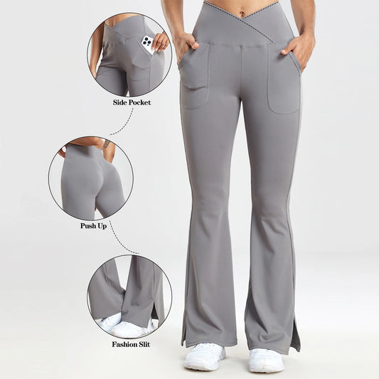 Women Casual Solid V-Waist Pocket Side Vent  Flared Leggings Slim Fit  Fashion Streetwear Lady Pants
