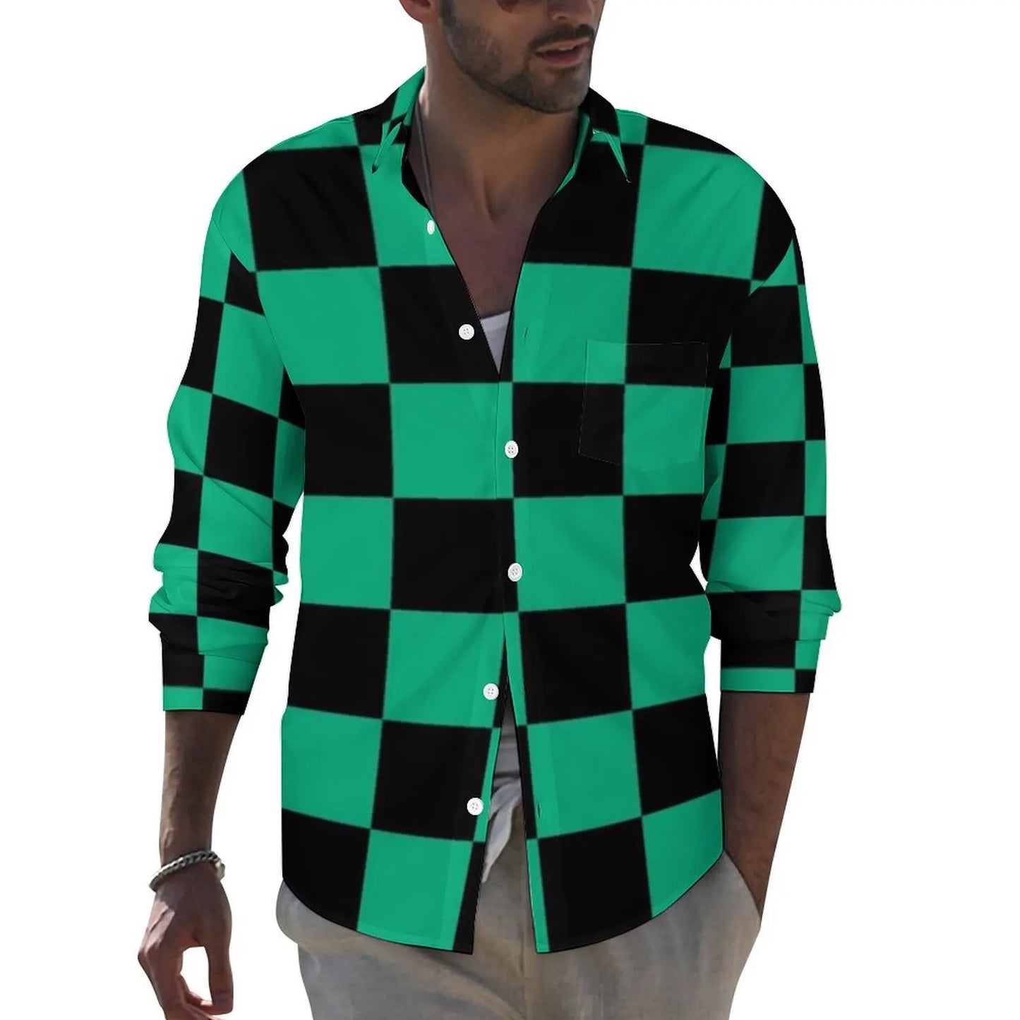 Black Checkerboard Shirt Men Classic Black and White Checker Casual Shirts Autumn Blouses Long Sleeve Fashion Oversized Clothing