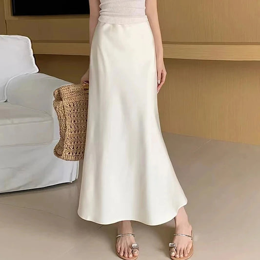 MUJER Satin Long Skirts for Women Draped High Waist Midi Skirt Woman Summer Straight Women's Skirt Holiday Beach Women Skirt